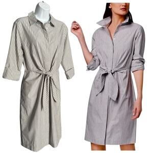 Calvin Klein Tie Front Shirt Dress Size 8 Knee Length Gray Striped Long Sleeve